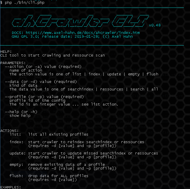 Screenshot: help page of cli.php