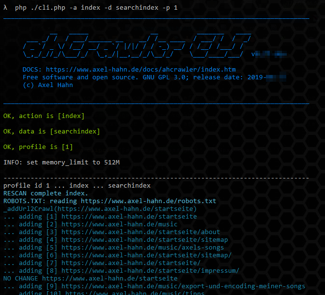 Screenshot: CLI - index website