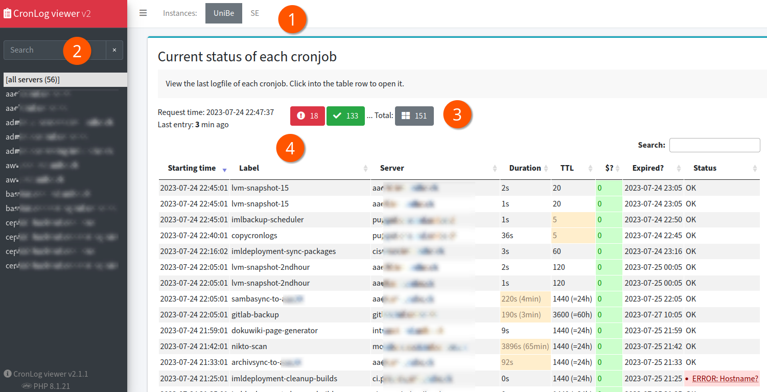 Screenshot: CronlogViewer - jobs of all servers