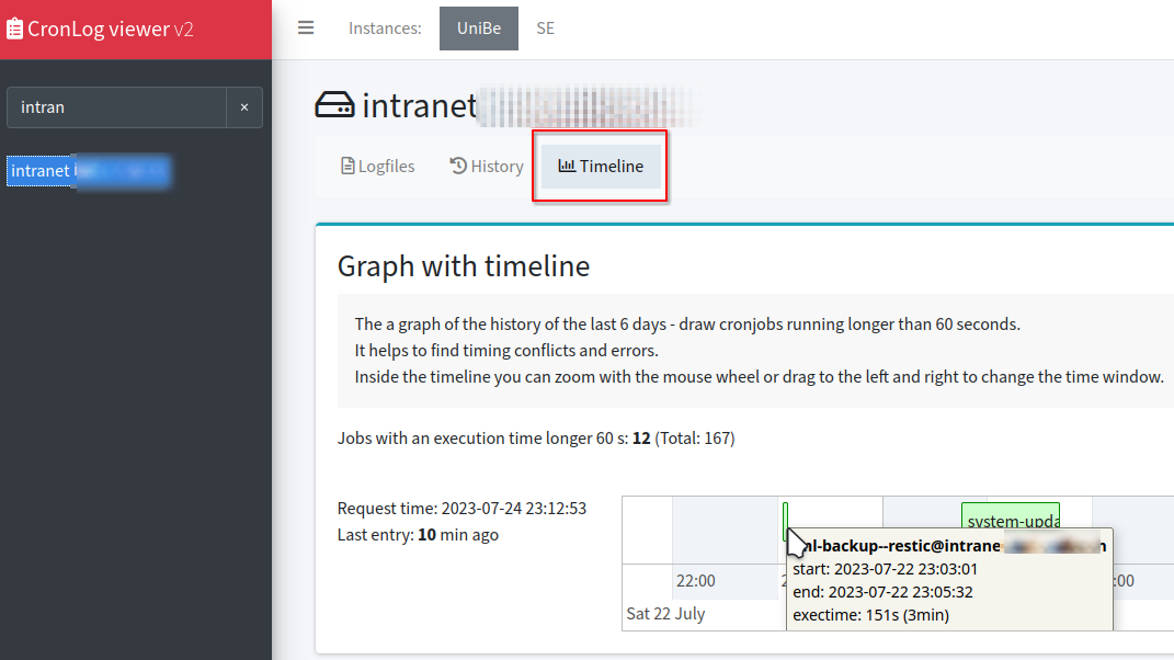 Screenshot: CronlogViewer - timeline of a server